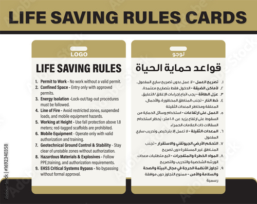 Permit to Work - Life Saving Rules Safety Sign in Arabic and English Vector Template design - ID Cards for industrial use in Companies - Life Saving Rules Safety Cards with Arabic Translation