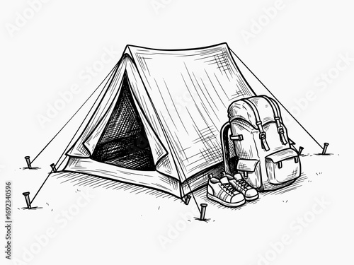 Camping Tent with Backpack and Shoes in Black and White Sketch Style - Vector Illustration for Outdoor Adventure Design