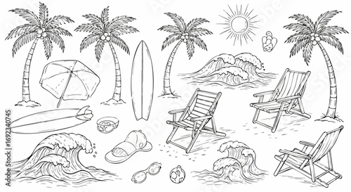 Dreaming of a tropical beach getaway? This hand-drawn beach scene evokes relaxation and summer fun
