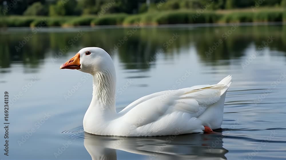 An elegant white domestic goose with an orange beak swimming gracefully in a calm lake with reflections on the water surface. An elegant white domestic goose with an orange beak swimming gracefully in a calm lake with reflections on the water surface.