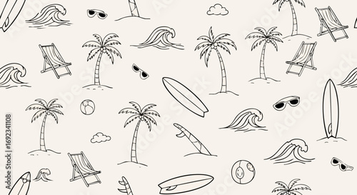 Dreamy summer beach vibes with surfboards, palm trees, deck chairs and waves for a relaxing vacation