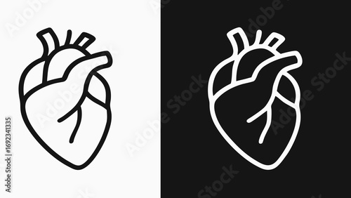 Simple line art illustration of a human heart, shown in both positive and negative space.