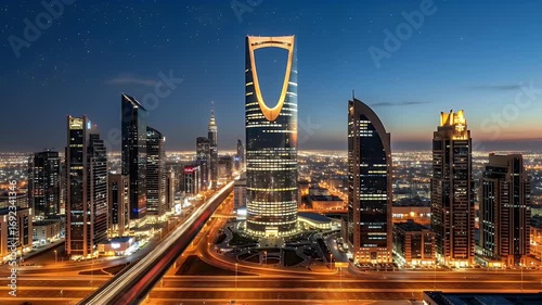 Riyadh, Saudi Arabia skyline at dusk, featuring the iconic Kingdom Centre tower and vibrant traffic light trails on the highway.
