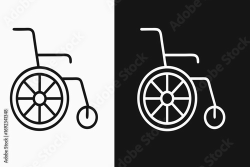 Two contrasting line art illustrations of a wheelchair, one in black on white and the other in white on black.