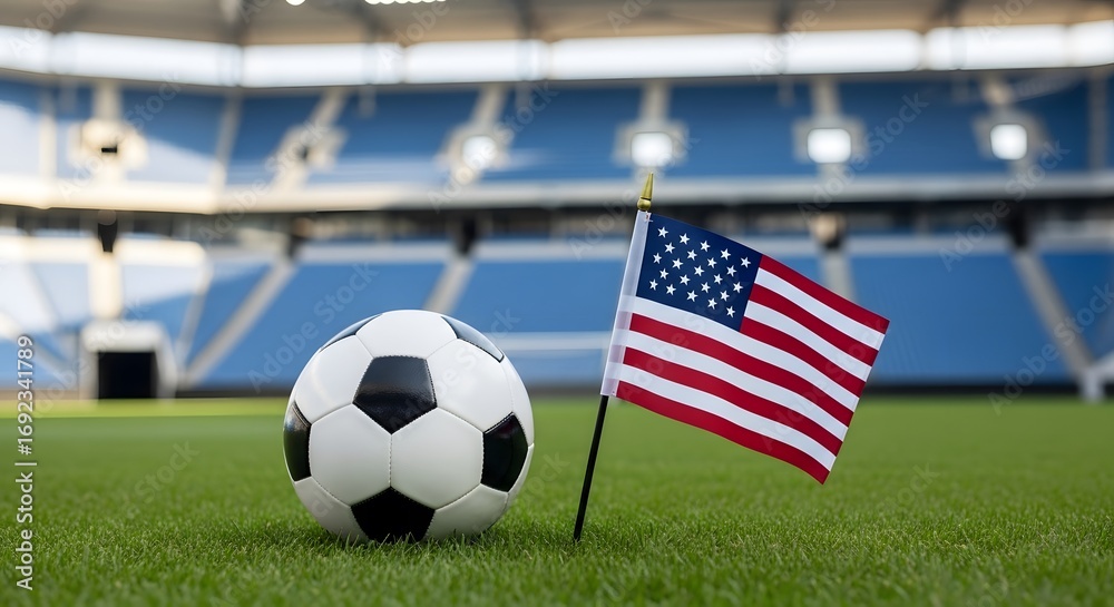 Fototapeta premium Soccer Ball Placed in Empty Football Stadium