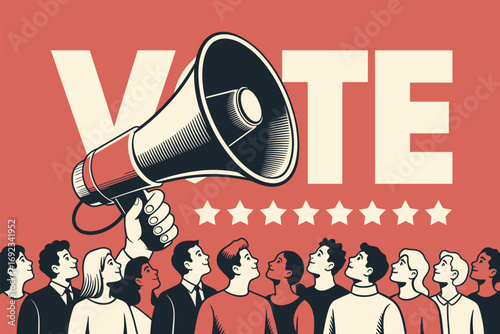 Illustration of people looking up at a megaphone with the word vote and stars on a red background