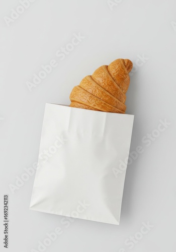 Blank white paper bag holding a fresh croissant, ideal for bakery or food-related branding mockups