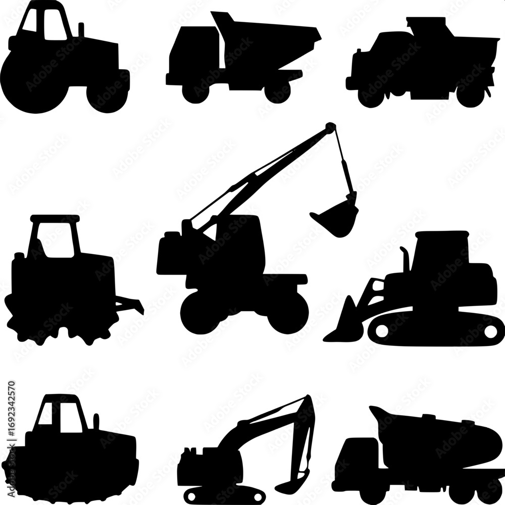 Obraz premium Construction equipment symbol set, black shapes on white, minimal, symmetrical, nine icons in overhead view.