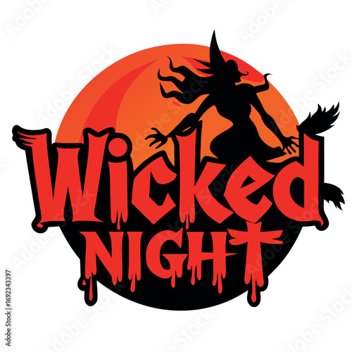Vector graphic for a scary holiday event featuring a flying enchantress silhouette against an orange full moon, with spooky typography