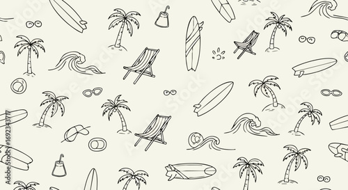Dreamy summer vacation pattern with palm trees, surfboards, and beach chairs for a happy tropical vibe