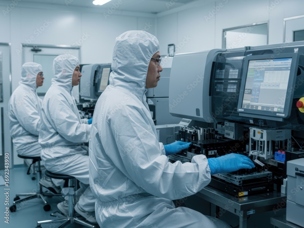 Naklejka premium Technicians in full cleanroom suits meticulously operate advanced machinery with computer monitors in a sterile, high-tech laboratory environment.