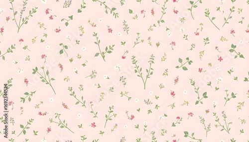 Romantic Vintage Herb Watercolor Pattern on a Light Pink Background