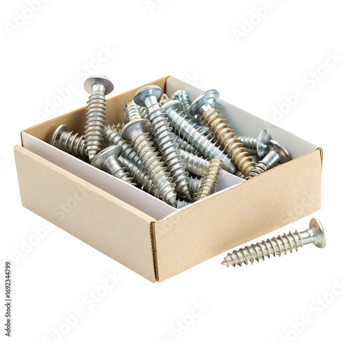 Cardboard box filled with shiny galvanized metal screws for woodworking or construction projects