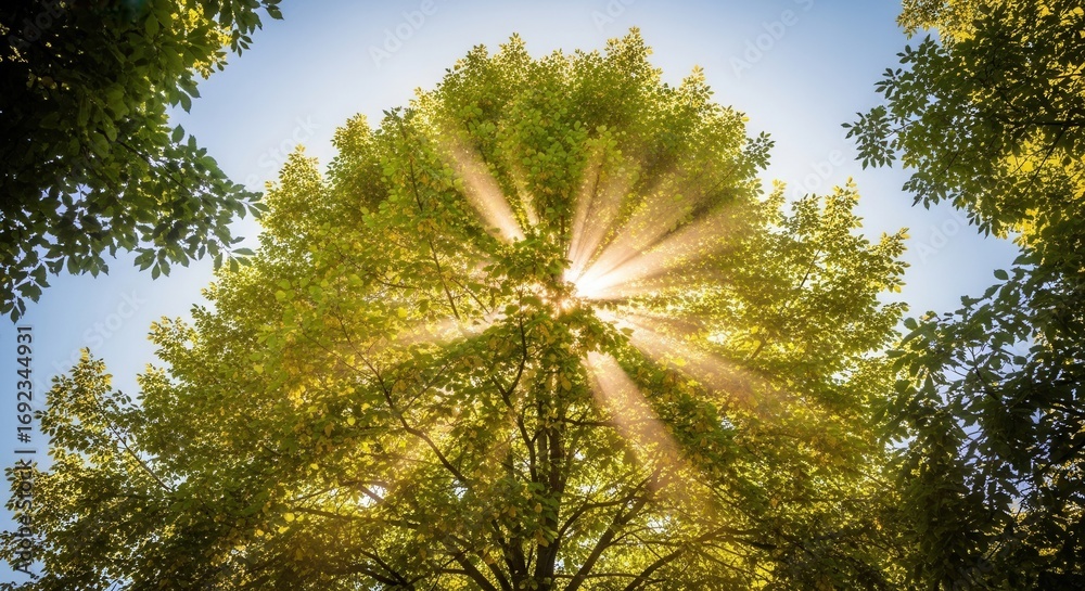 Obraz premium Sunlight filtering through tree canopy creating a mesmerizing natural spectacle in the forest