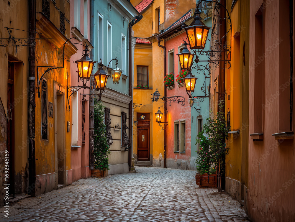Fototapeta premium Romantic Evening in Old Town: Cobblestone Street, Gas Lamps, Pastel Buildings
