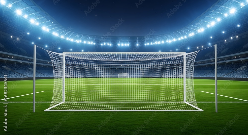 Fototapeta premium Empty Soccer Stadium with Goal Net Under Bright Lights