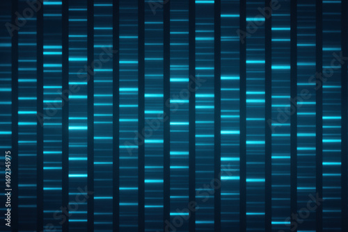 DNA structure glowing bands on dark background showing genetic analysis pattern