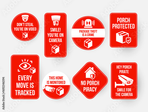 A set of red signs designed to protect against burglars, warning about video surveillance, parcel theft as a crime and home surveillance. These signs emphasize the safety of parcels.