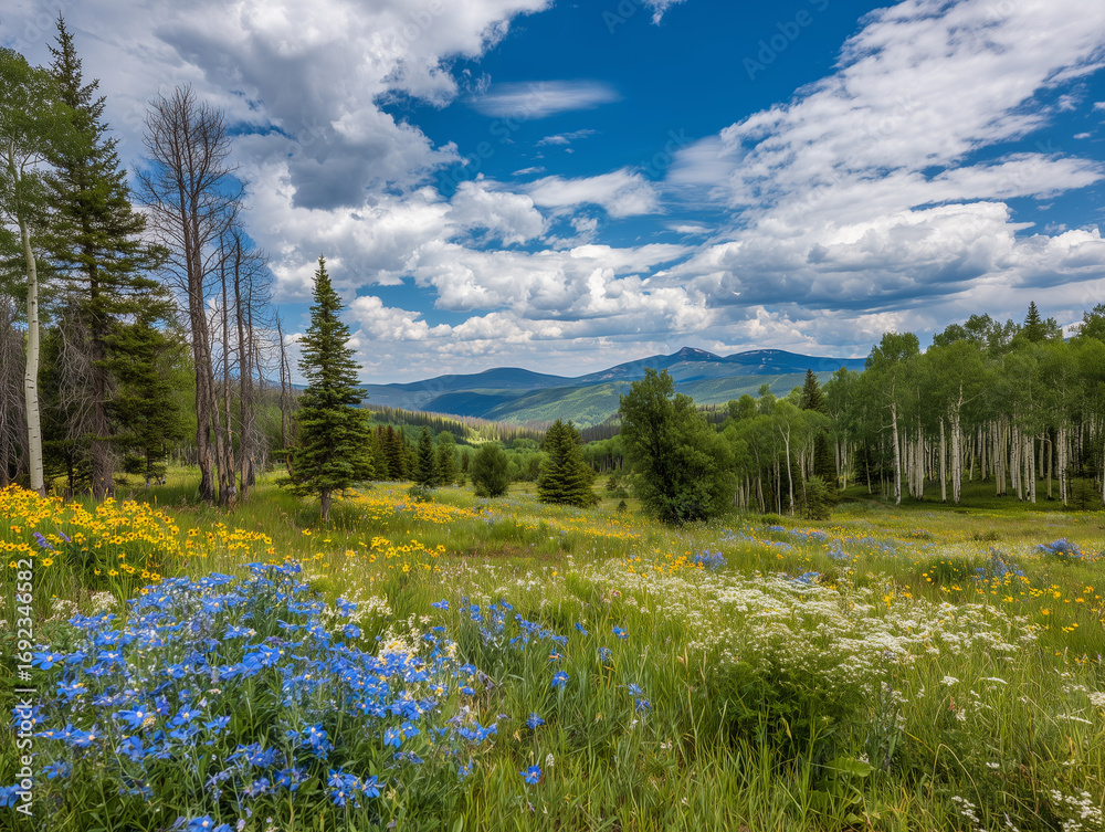 Fototapeta premium Wildflowers blooming in a mountain meadow landscape