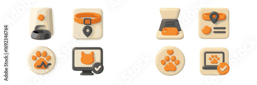 Modern pet care and service icons featuring automatic feeders, smart collars for tracking, paw prints, and digital health monitoring