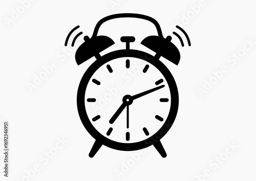 Classic dial alarm clock, black and white vector silhouette