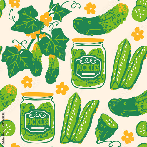 Tasty green cucumbers. Fresh, whole, sliced, pickled cucumbers. Pickles in a jar. Fresh and fermented, marinated  healthy vegetables. Hand drawn trendy Vector illustration. Square seamless Pattern