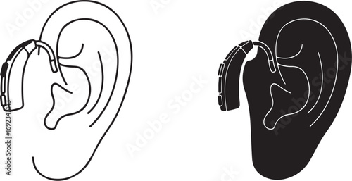 Vector art of hearing aid on ear, represents hearing loss, deafness, technology, and medical assistance