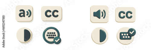 Set of 3D accessibility icons for user interface design including closed captions, audio description, sound volume, contrast mode, and keyboard input