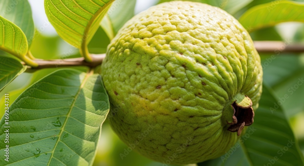 Obraz premium Close-up of a ripe guava fruit hanging on a branch with vibrant green leaves highlighting its