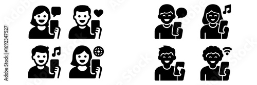 Black glyph icon collection of diverse people holding mobile phones for social media, online communication, and digital entertainment