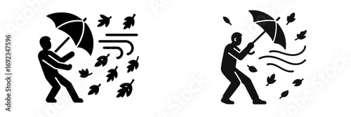 Windy autumn day weather icon set with a person holding an umbrella against a strong storm and blowing leaves