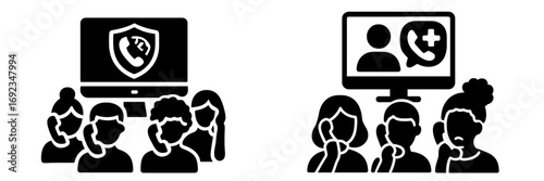 Telehealth and secure communication glyph icons showing online medical consultation and a protected helpline with a group of people