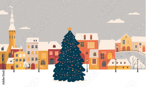 European Christmas city square with Christmas tree no people