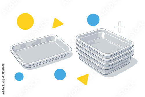 Single and stacked clear plastic disposable food trays for packaging or meal prep isolated on a white background