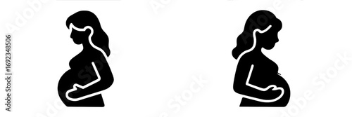 Pregnant woman silhouette icon set for maternity and motherhood concepts. Black and white graphic symbol of an expecting mother holding her belly isolated on a white background