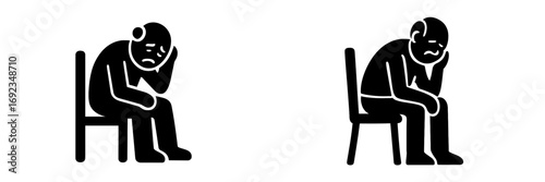 Minimalist glyph icon set of a sad and depressed elderly person sitting alone on a chair experiencing stress, loneliness, and despair from old age
