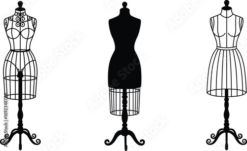 Black silhouette vector illustrations of elegant dress forms, perfect for fashion, tailoring, design, and clothing-related projects, showcasing different styles and shapes