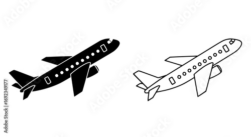 Two silhouette and line art airplanes flying midair for travel and aviation concepts
