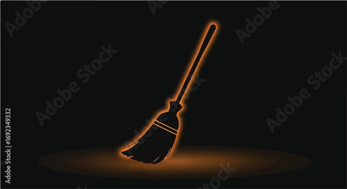 Mystical glowing broomstick casting a warm light on a dark background, evoking magic and tradition.