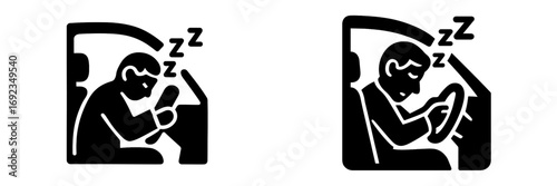 Drowsy driver falling asleep at the steering wheel black glyph icon set for road safety and fatigue awareness
