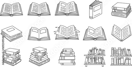 Vector illustration of various book designs, including open, closed, and stacked books, ideal for library, reading, education, and book-related design concepts