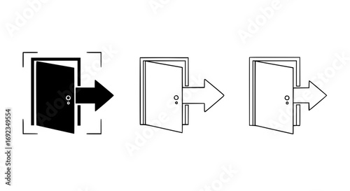 Icon set three styles open door exit arrow symbol for navigation interface and signage
