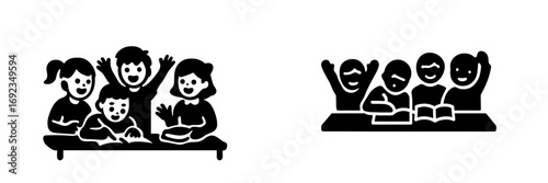 Young students in a classroom setting learning and reading books at their desks while some children raise their hands to participate
