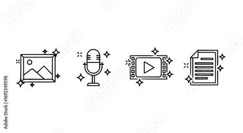 Four simple outline icons representing media creation and content types