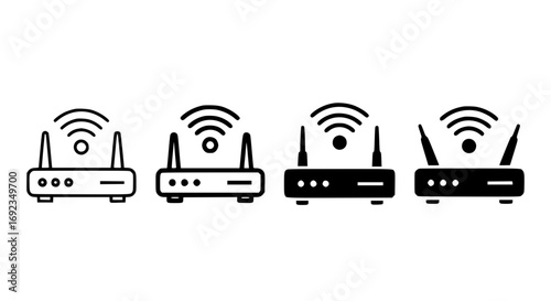 Collection of four wireless internet routers with wi-fi signals icon symbols for connectivity
