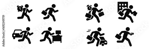 Dynamic set of running business person icons symbolizing urgency, deadlines, time pressure, and a busy professional life