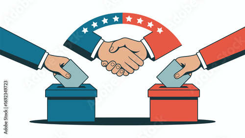 Illustration of political agreement with ballot boxes and handshake with stars above them