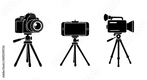 Silhouette icons of dslr camera smartphone and camcorder on tripods for photography and videography