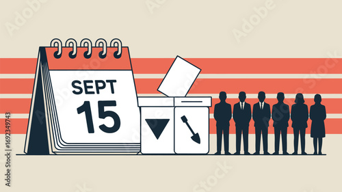Illustration of calendar showing september fifteenth with ballot box and people silhouettes
