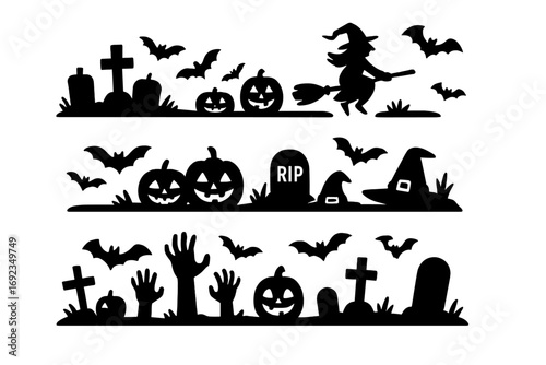 Collection of spooky Halloween silhouettes featuring jack-o'-lanterns, flying bats, a witch on a broom, gravestones, and zombie hands